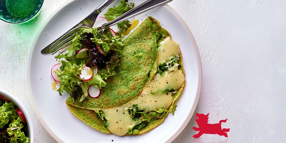 Groene pannenkoeken met raclettekaas en prei