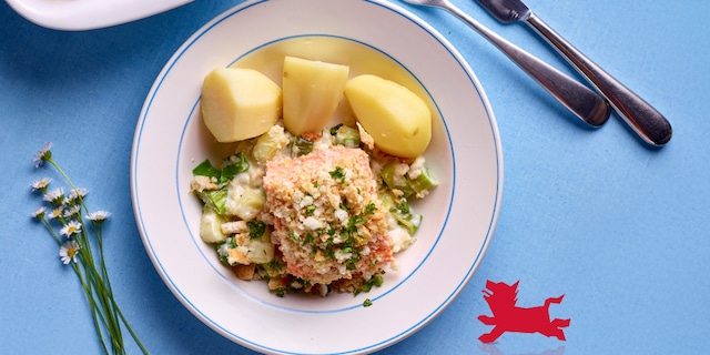 Crumble van zalm met prei