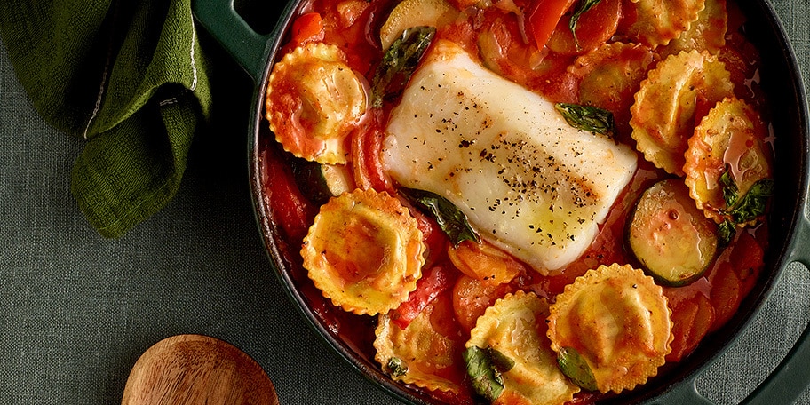 Kabeljauwhaasje met girasoli en tomatensaus