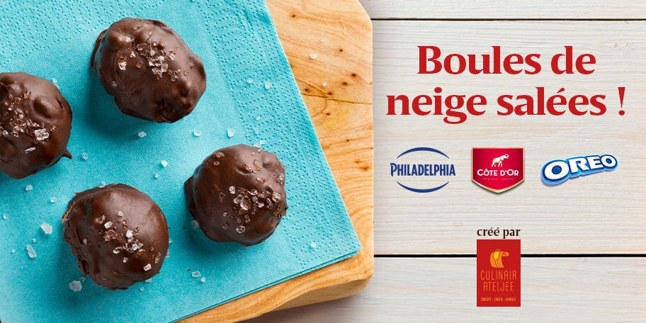 Boules-de-neiges salées avec chocolat de Côte d'Or, Oreo & Philadelphia