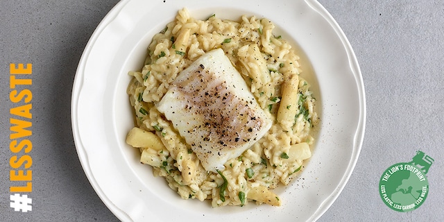 Risotto met witte asperges en kabeljauwhaasje