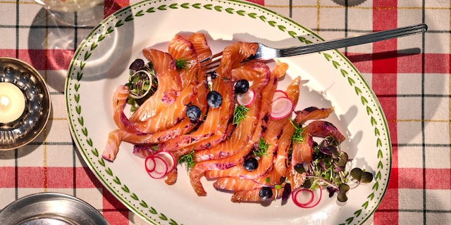 Zalmgravlax met blauwe bessen