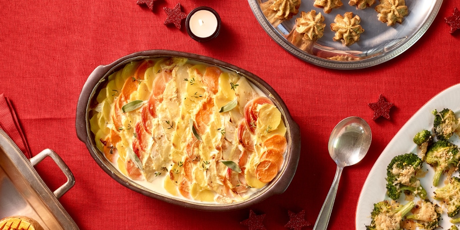 Gratin dauphinois met wortelgroenten en zoete aardappel