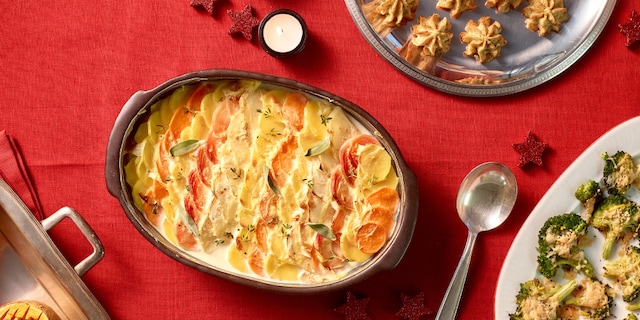 Gratin dauphinois met wortelgroenten en zoete aardappel