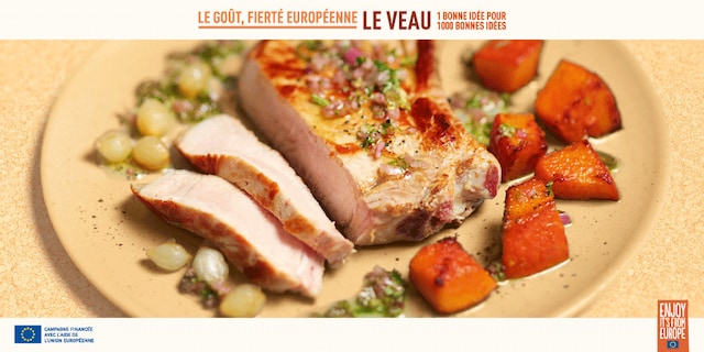 Côte de veau grillée sauce chimichuri, potiron et petits oignons au vinaigre caramélisés