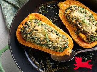 Gevulde butternut met vlees, ricotta en spinazie