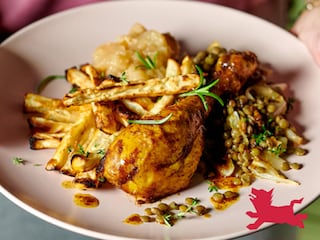 Poulet rôti aux lentilles et compote pomme-poire