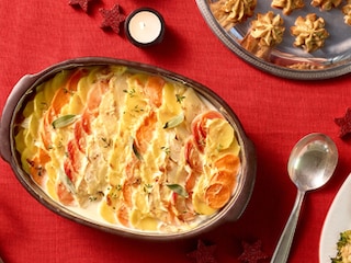 Gratin dauphinois met wortelgroenten en zoete aardappel