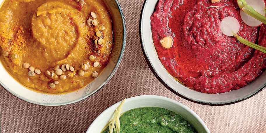 Trio van dips: Dip aux pois chiches, betteraves, chèvre et gingembre