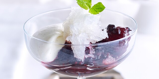 Rodevruchtencompote en champagnegranita