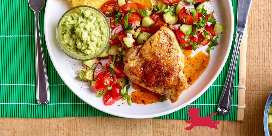 Gegrilde kip tex-mex, salsa, guacamole en tortillachips
