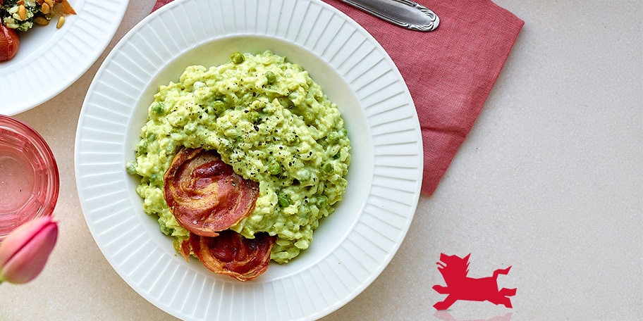 Groene risotto met pancetta, erwtjes  en mascarpone