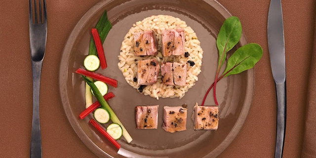 Dés de veau juste saisis, risotto à la crème de truffe