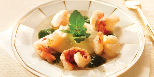 Scampis sautés à l’huile d’olive et purée de salsifis