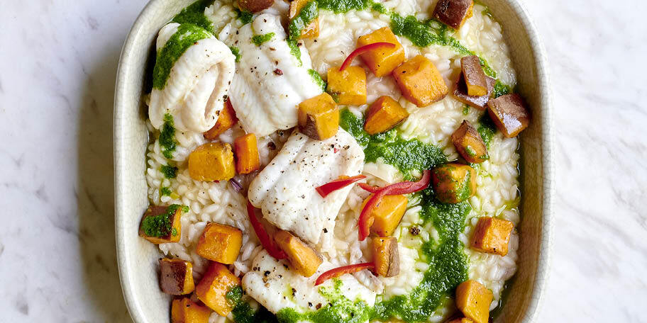 Risotto aux filets de sole, patates douces et pesto au cresson