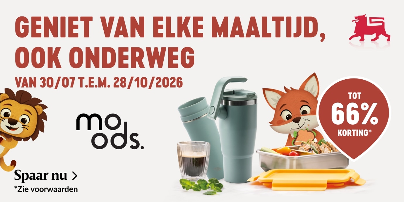 Moods lunchboxen en drinkflessen: tot 66% korting t.e.m. 28/10/2026