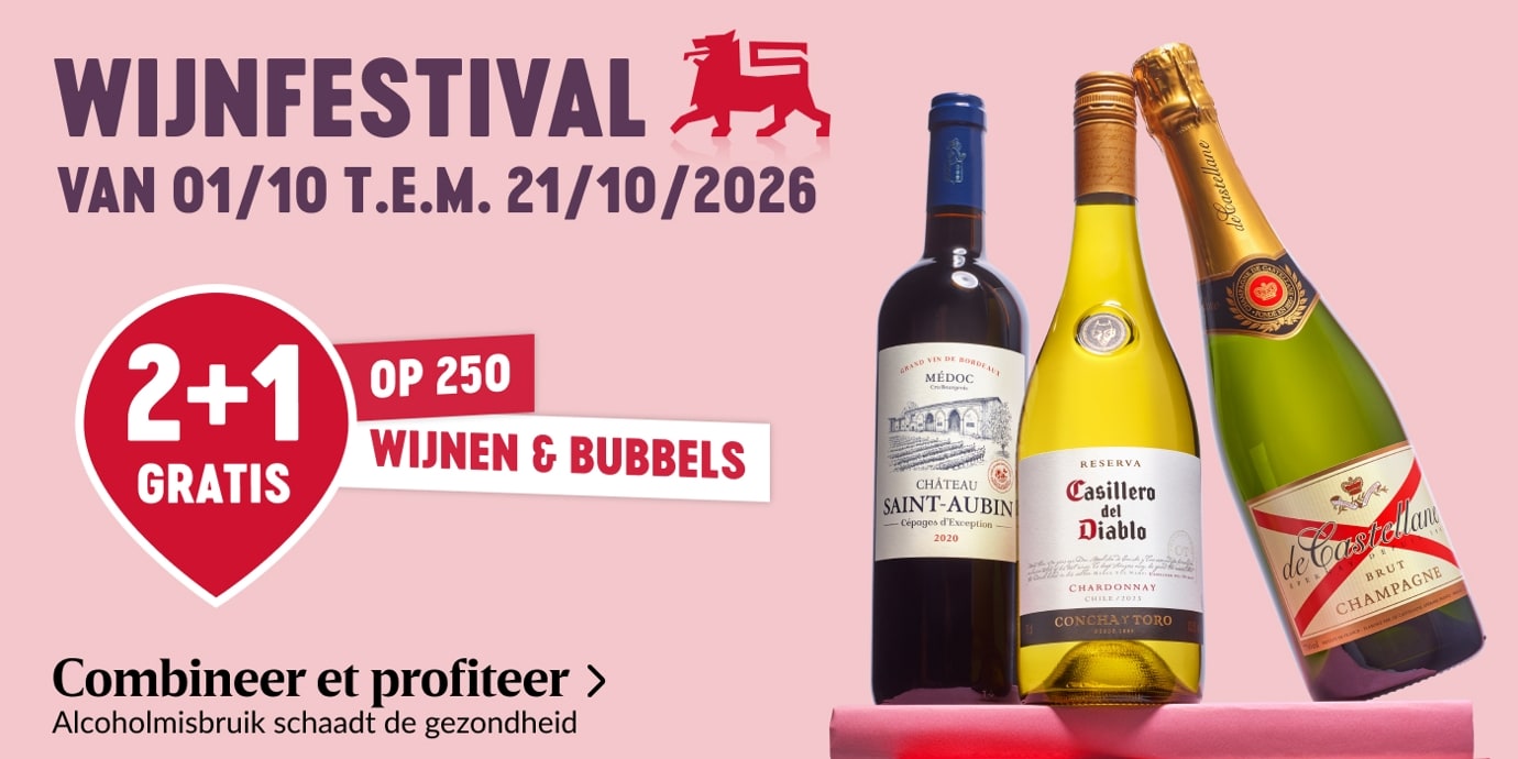 Wijn- en bubbelpromoties bij Delhaize: 2+1 gratis