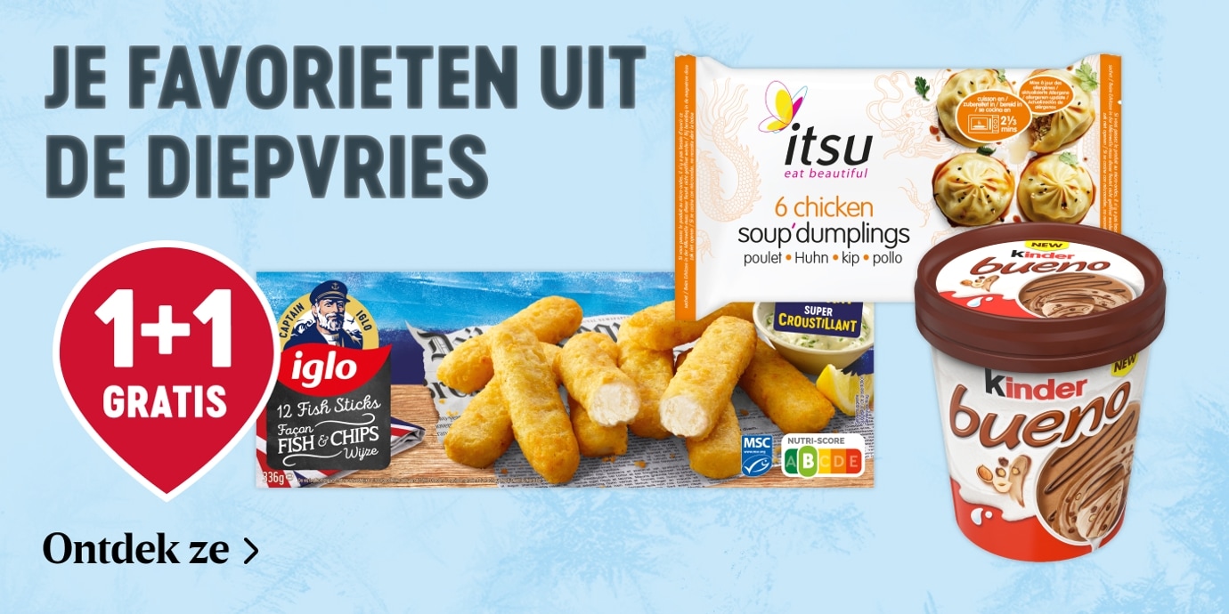 Diepvriesproducten bij Delhaize: 1+1 gratis op Iglo, Itsu en Kinder Bueno