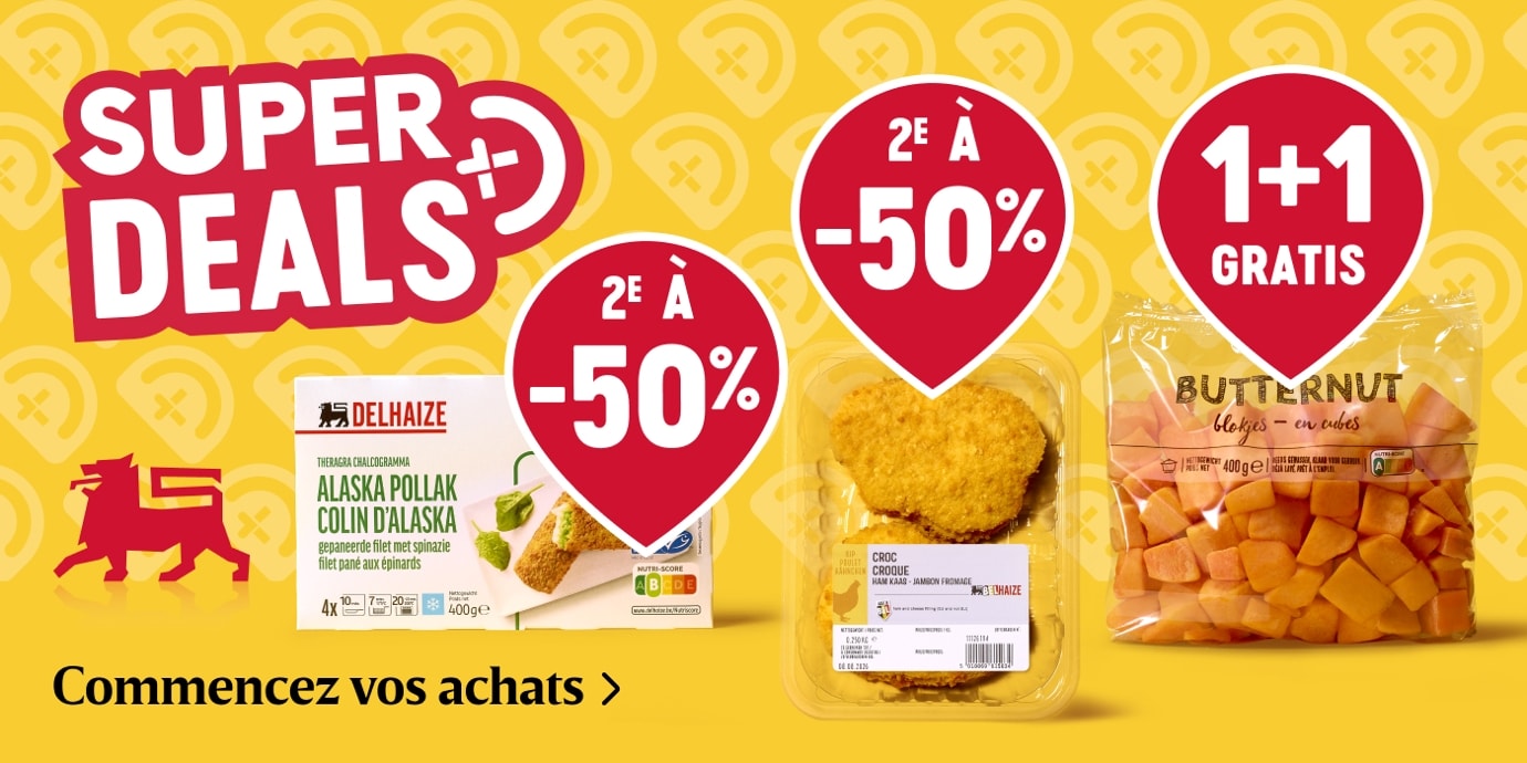 Promotions alimentaires Delhaize en Belgique avec produits à 50 % et 1+1 gratuit