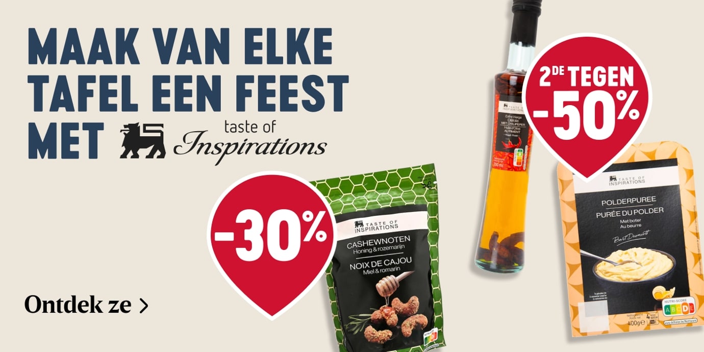 Taste of Inspirations bij Delhaize: geniet van −30% en 2de aan −50% op cashewnoten, puree en andere feestproducten