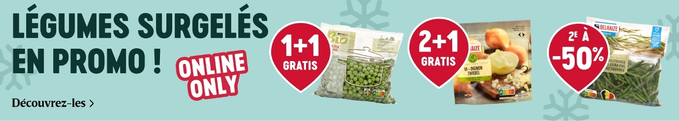 Légumes surgelés chez Delhaize en ligne : petits pois et haricots verts en 1+1 gratuit, 2+1 gratuit ou 2e à −50 % pendant le festival des surgelés
