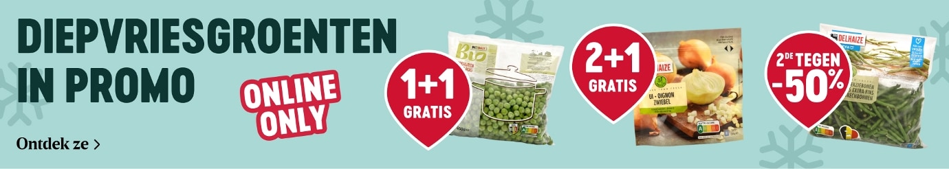 Diepvriesgroenten bij Delhaize online: erwten en sperziebonen aan 1+1 gratis, 2+1 gratis of 2de aan −50% tijdens het diepvriesgroentenfestival