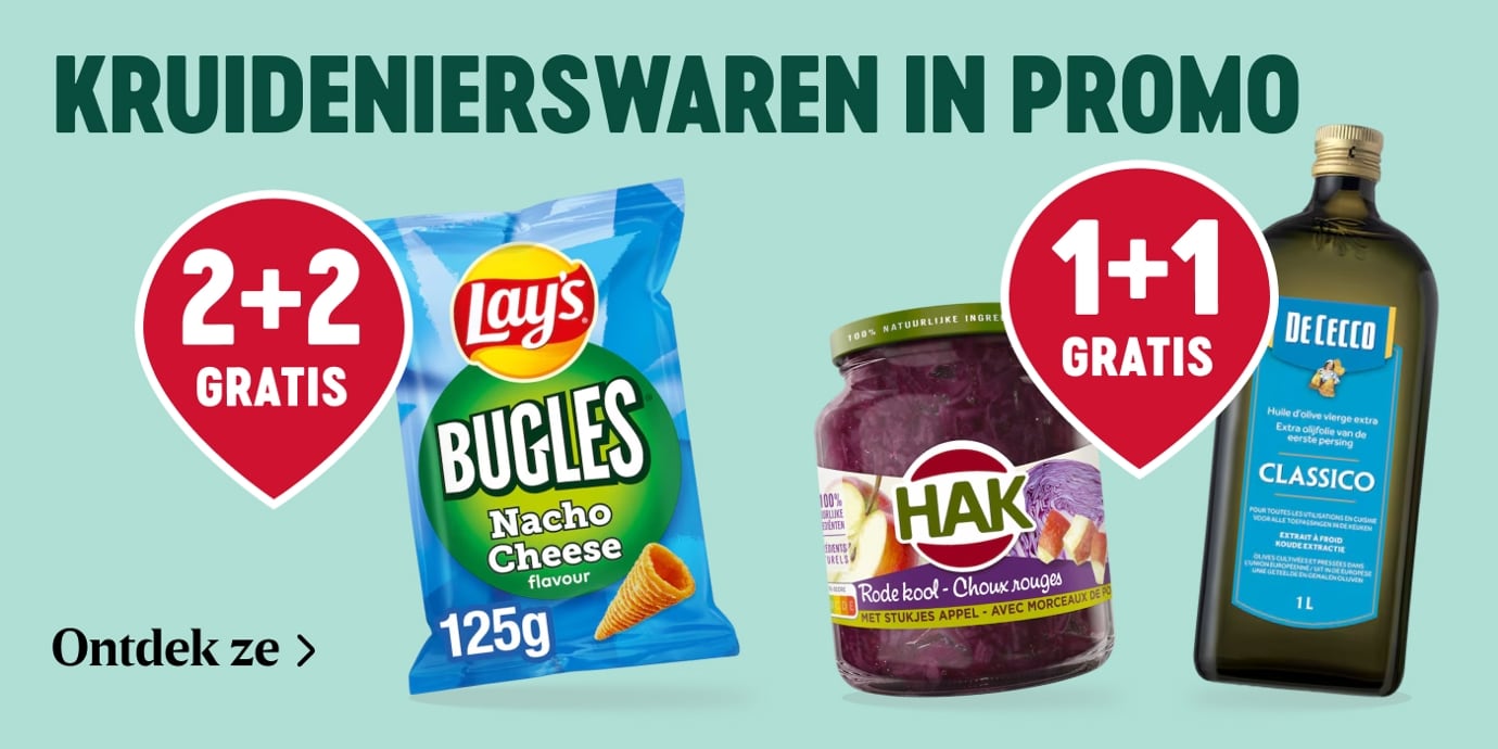 Kruidenierswaren in promo bij Delhaize: 2+2 gratis op Lay’s Bugles Nacho Cheese, 1+1 gratis op HAK rodekool en De Cecco olijfolie Classico
