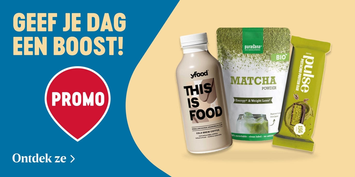 Geef je dag een boost: promo op yfood, biologische matcha en Pulse repen bij Delhaize