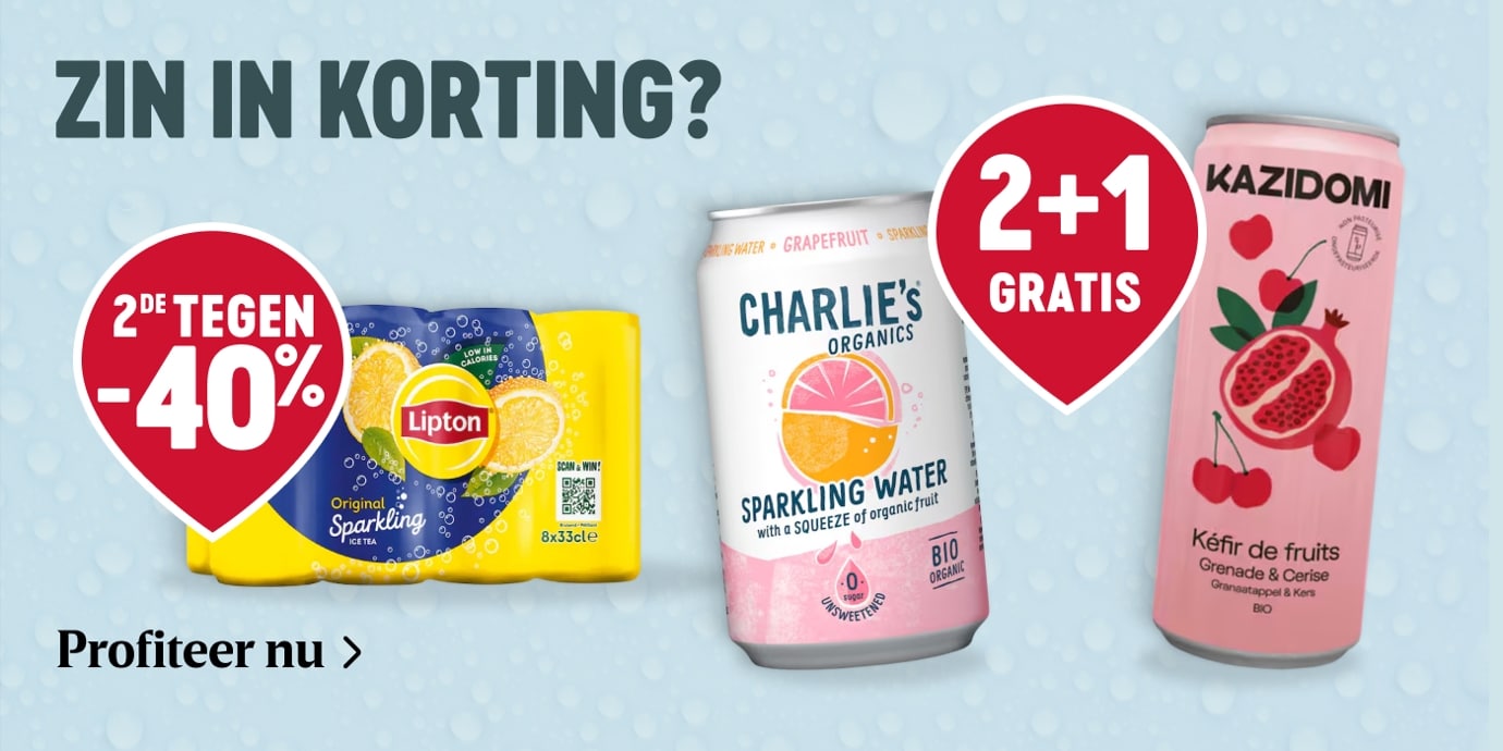 Zin in korting bij Delhaize? 2de tegen -40% op Lipton Original Sparkling en 2+1 gratis op Charlie’s Organics sparkling water en kefir de fruits