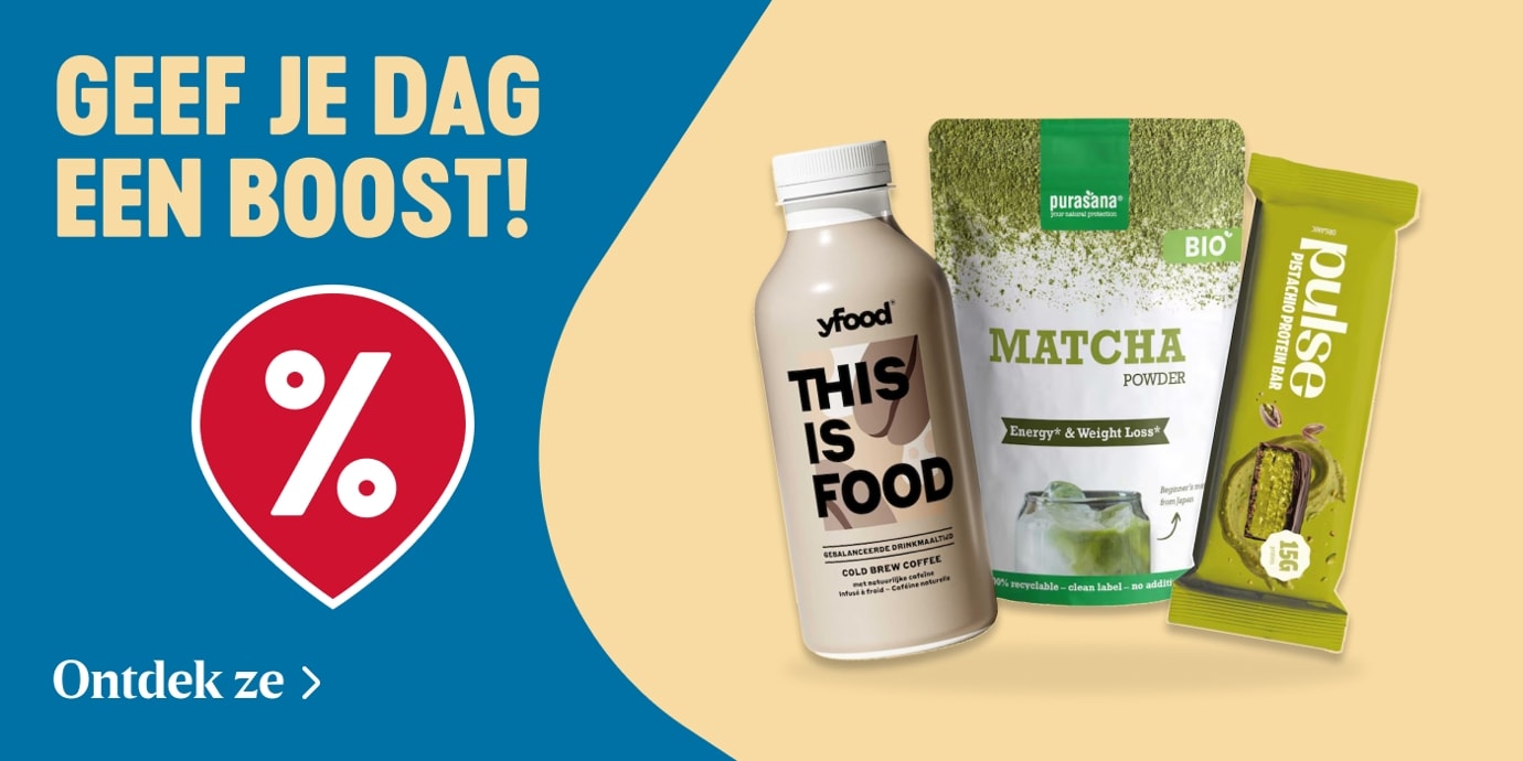 Geef je dag een boost: promo op yfood, biologische matcha en Pulse repen bij Delhaize